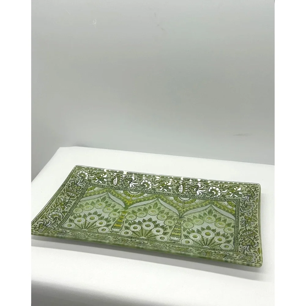 Pottery Barn Green Silver Floral Glass Decorative Tray Rectangular Platter